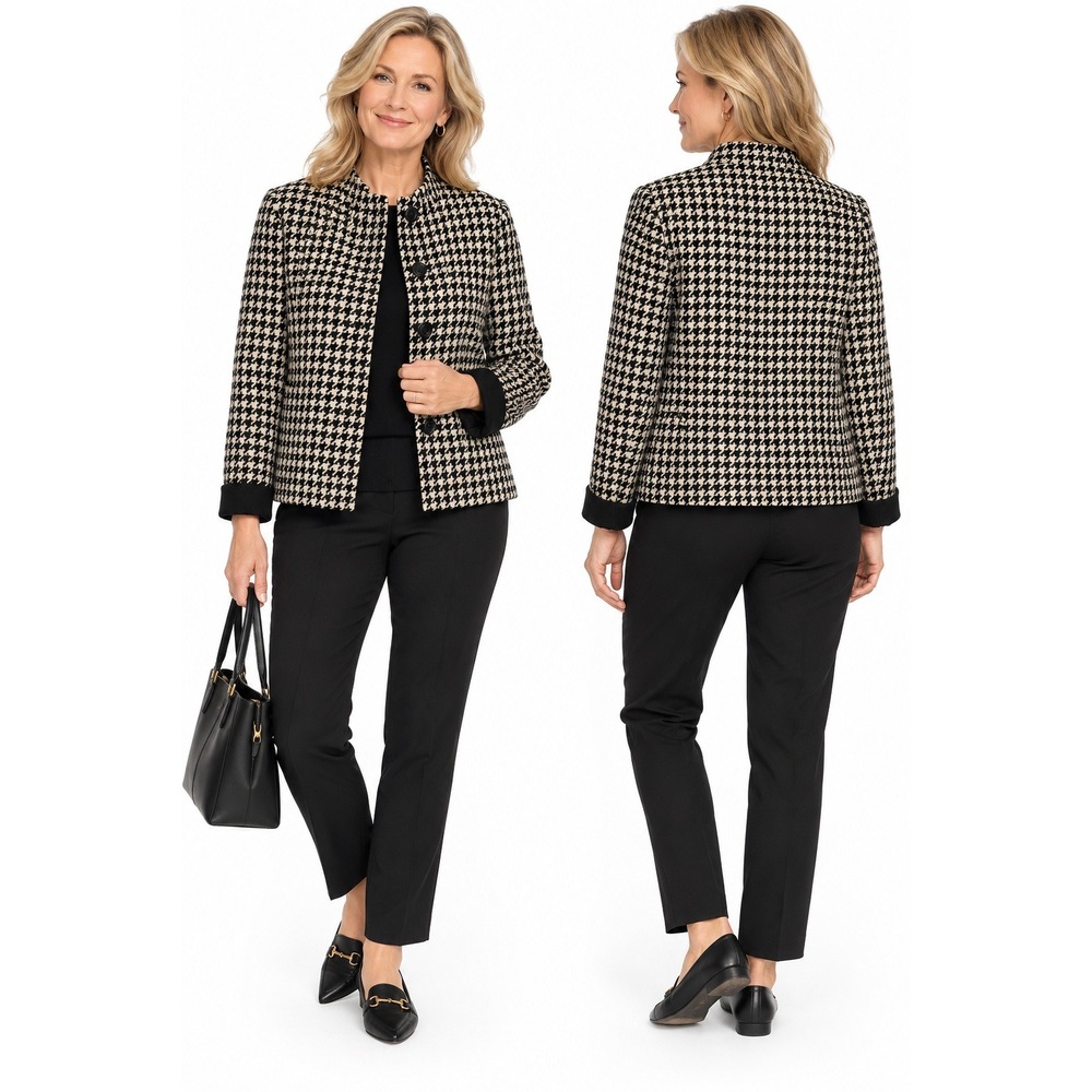 Talbots Houndstooth Wool Blend Button Up Jacket Size M Black Cream Preppy